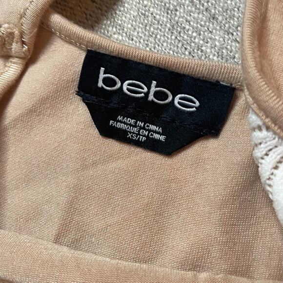 BEBE Tan White Lace‎ Overlay XS Extra Small Bodycon Tank Dress Wedding Bridal - Picture 2 of 3